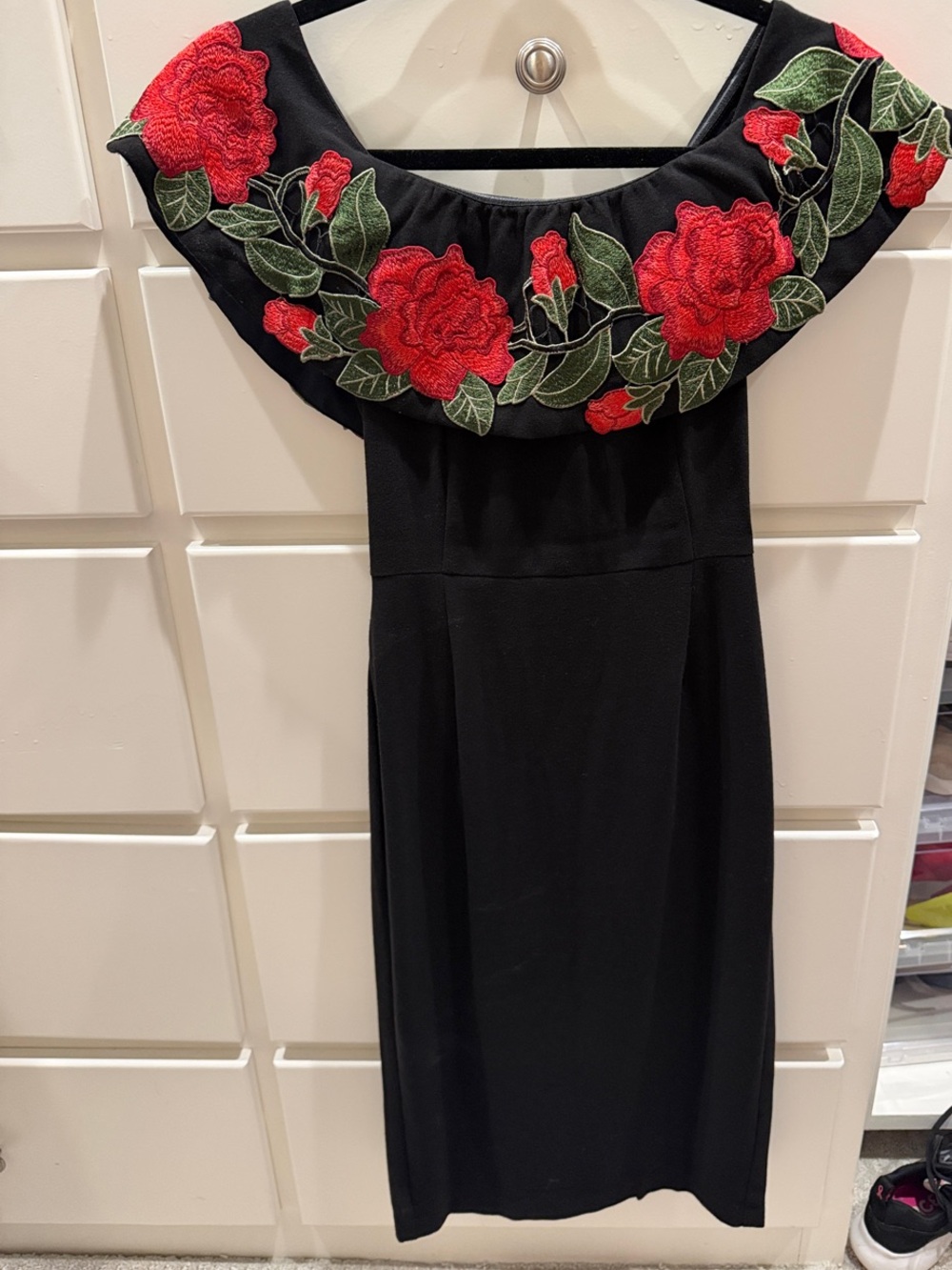 Black Off-Shoulder Dress with Red Rose Embroidery